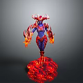 Blue Skinned Game Movie Character With Red Armor And Flaming Elements On Base