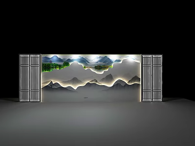 Modern Background Wall with Mountain Landscape Design Soft Lighting and Lattice Panels 3d model
