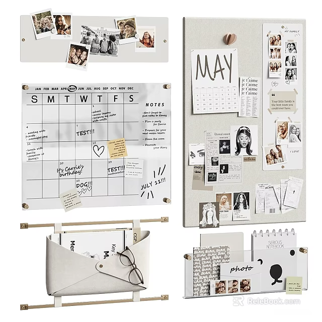 Stylish Wall Decor with Calendar Photos Notes and Organized Bulletin Board for Home 3d model 