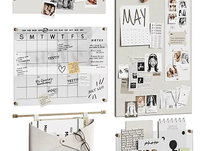 Stylish Wall Decor with Calendar Photos Notes and Organized Bulletin Board for Home 3d model