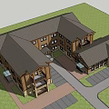 Modern Rustic Vacation Building With Wooden Stone Exterior Sloped Roof And Front Lawn Driveway