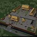 Traditional Ancient Architecture With Golden Roofs Enclosed Courtyard Green Lawns Trees Around Spacious Square
