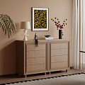 Wooden Entryway Sideboard Cabinet With Yellow Artwork Table Lamp And Flower Vase