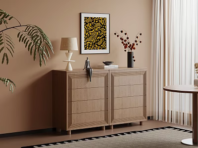 Wooden Entryway Sideboard Cabinet With Yellow Artwork Table Lamp And Flower Vase 3d model