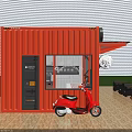 Red Container Hotpot Restaurant With Open Awning Glass Windows Doors And Red Scooter