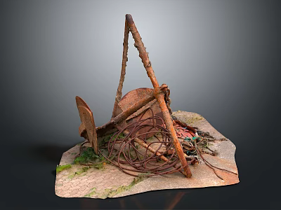 Rusted Metal Crane Arm With Coiled Ropes Wooden Planks On Mossy Ground 3d model