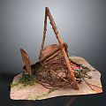 Rusted Metal Crane Arm With Coiled Ropes Wooden Planks On Mossy Ground