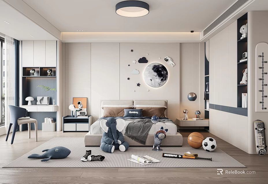 Cozy Kids Room Interior With Moon Star Wall Decor Stuffed Animals Bed And Toys 3d model 