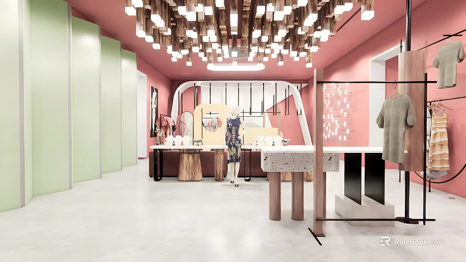 Fashion Store Interior Featuring Pink Walls Green Partitions Pendant Lights Mannequin and Display Counters 3d model 