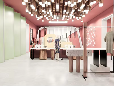 Fashion Store Interior Featuring Pink Walls Green Partitions Pendant Lights Mannequin and Display Counters 3d model