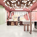 Fashion Store Interior Featuring Pink Walls Green Partitions Pendant Lights Mannequin and Display Counters