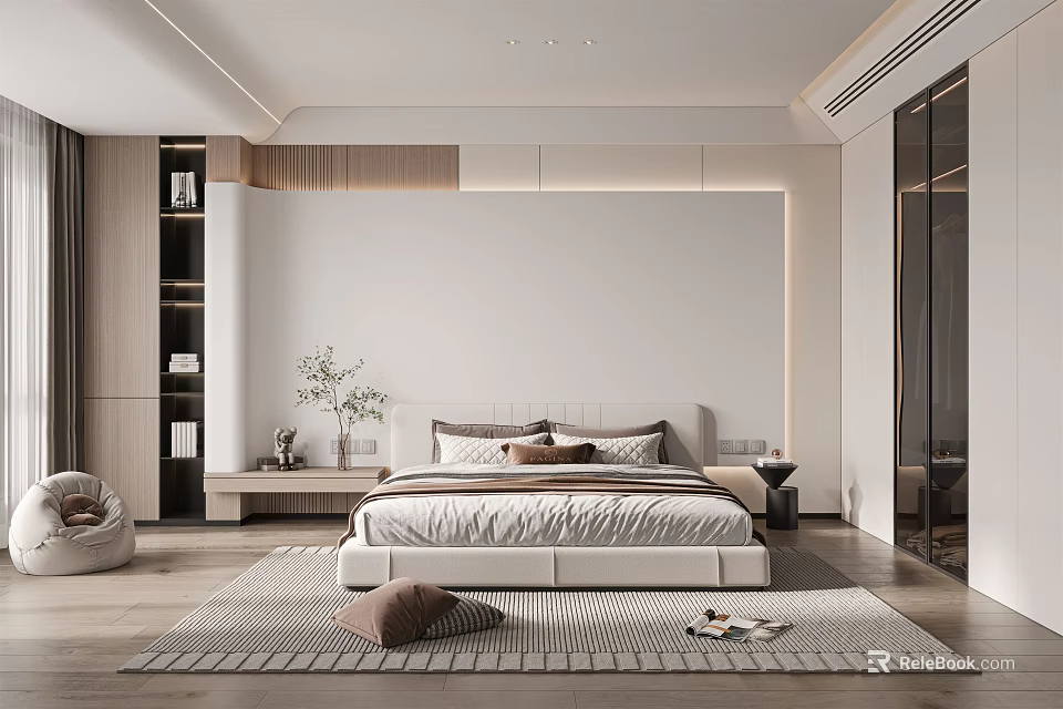 Modern Bedroom Interior Design With Minimalist King Bed Wooden Headboard Neutral Rug And Soft Lighting 3d model 