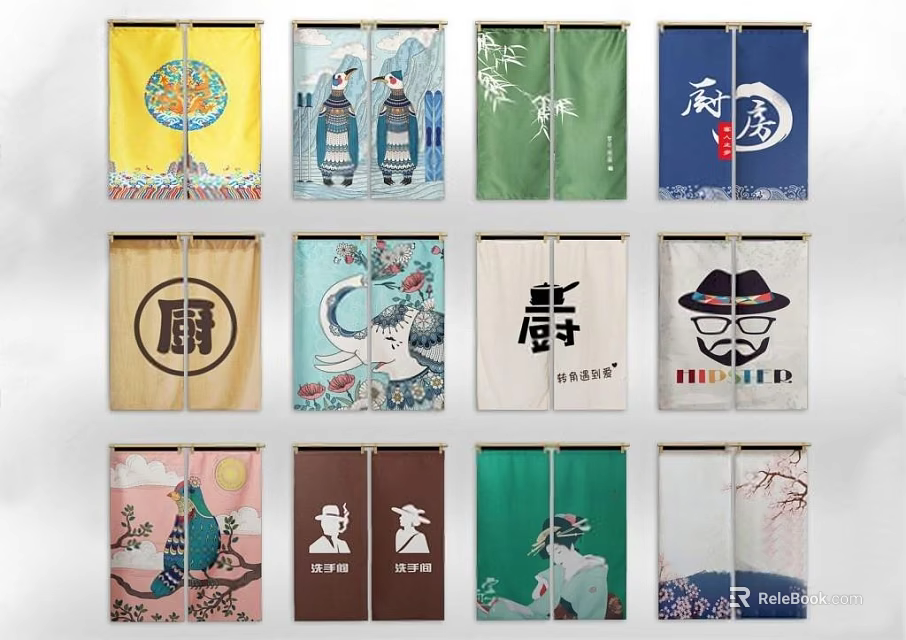 Various Decorative Kitchen Curtains With Different Artistic Patterns For Home Decoration 3d model