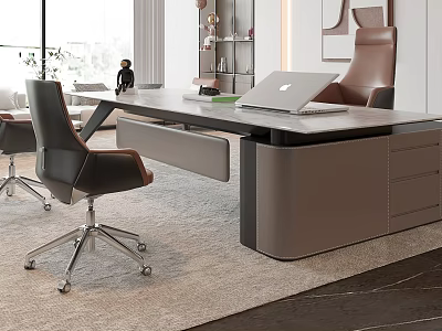 Modern Office Desk With Laptop And Comfortable Leather Chairs Near Large Windows In Modern Workspace 3d model