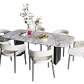 Modern Dining Set With Marble Oval Table And Six White Chairs With Vase 3d model