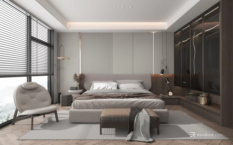 Modern Bedroom Interior With Comfortable Bed Side Chair And Area Rug 3d model 
