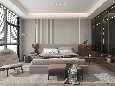 Modern Bedroom Interior With Comfortable Bed Side Chair And Area Rug 3d model