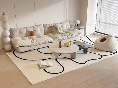 Modern Light Beige Sofa Coffee Table Set With Round Table Cushions And Black Pattern Rug 3d model