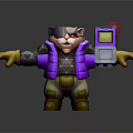 3D One Eyed Cat Like Game Character Wearing Purple Jacket Yellow Gloves And Holding Device