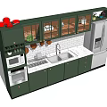 Modern Kitchen with Green Upper Lower Cabinets White Tile Backsplash Stainless Steel Appliances Hanging Utensils