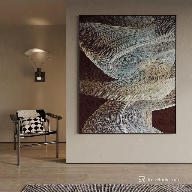 Abstract Painting With Wavy Lines In Brown White Beige Colors Black Metal Chair Checkered Cushion And Wall Lamp In Room 3d model 