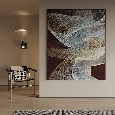 Abstract Painting With Wavy Lines In Brown White Beige Colors Black Metal Chair Checkered Cushion And Wall Lamp In Room 3d model