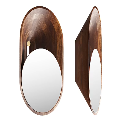 Modern Walnut Wood Wall Lamp With Stylish Oval Mirror Design For Home 3d model