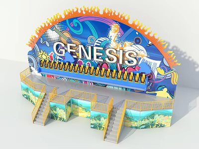 Colorful Genesis Themed Amusement Equipment With Flame Decorations Staircases And Yellow Railings 3d model