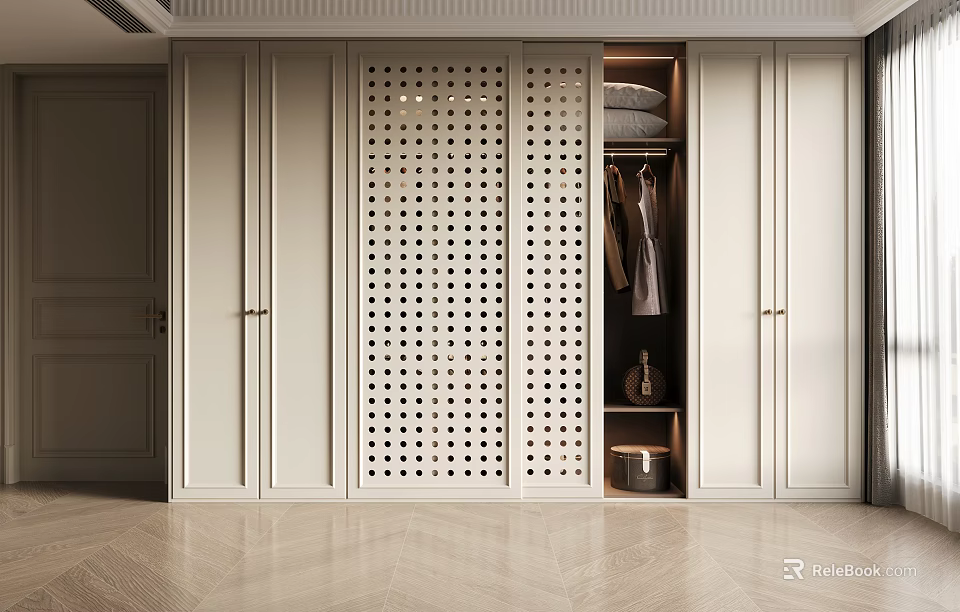 Modern Minimalist Wardrobe Interior Design With Perforated Doors And Storage Compartments 3d model 