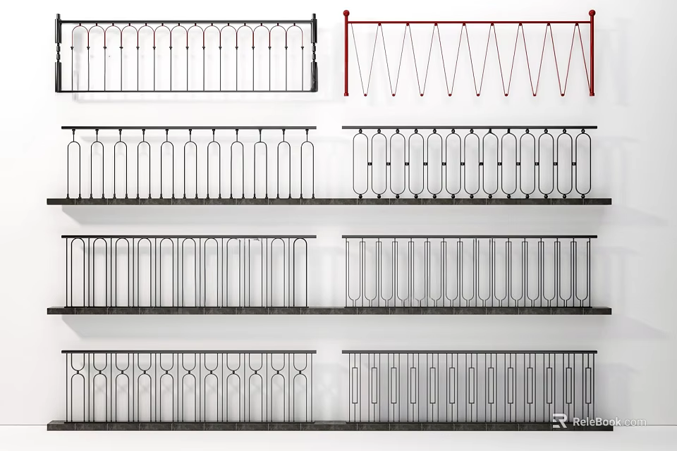 Various Decorative Metal Railings With Black And Red Designs For Home Decoration 3d model 