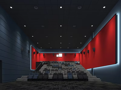 Modern Cinema Interior With Red Walls Ceiling Lighting Comfortable Seats And Large Screen 3d model