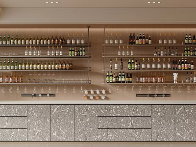 Modern Wine Cabinet With Multiple Shelves Wine Bottles Glasses And Lower Cabinets 3d model