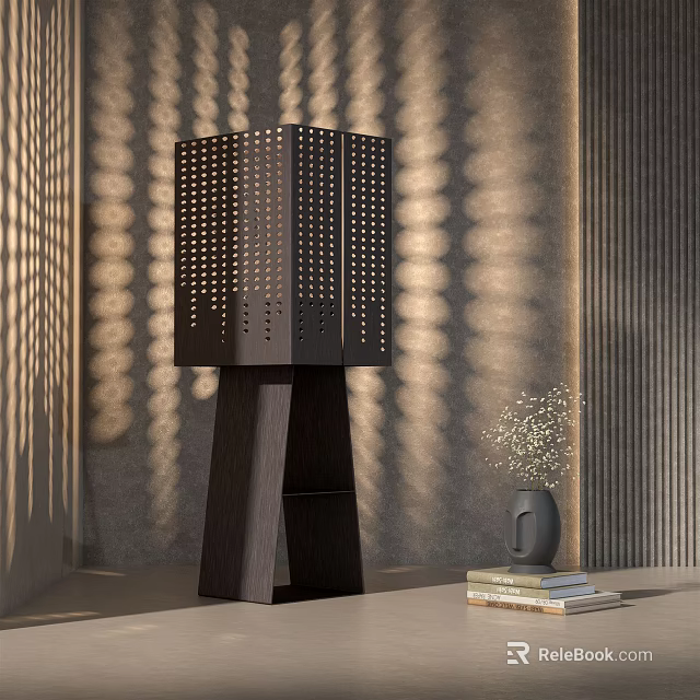 Modern Black Floor Lamp With Square Perforated Shade Casting Light Patterns On Wall 3d model 