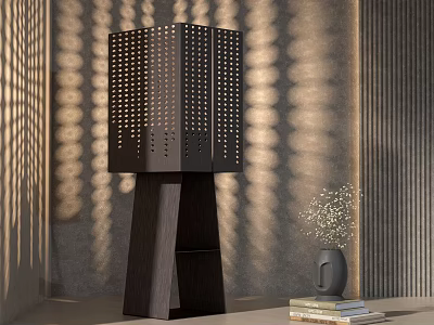 Modern Black Floor Lamp With Square Perforated Shade Casting Light Patterns On Wall 3d model