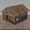 Red Brick Building With Tile Roof Graffiti Garage Door And Gravel Ground