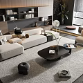 Modern Beige Sofa And Black Coffee Table Set With Rug Potted Plant And Decor Accents