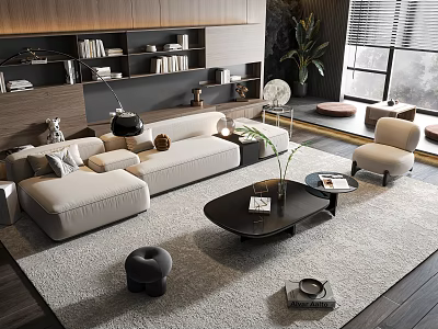 Modern Beige Sofa And Black Coffee Table Set With Rug Potted Plant And Decor Accents 3d model
