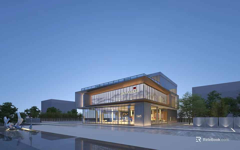 Modern Office Building With Glass Facade Main Entrance And Landscaped Surroundings 3d model 