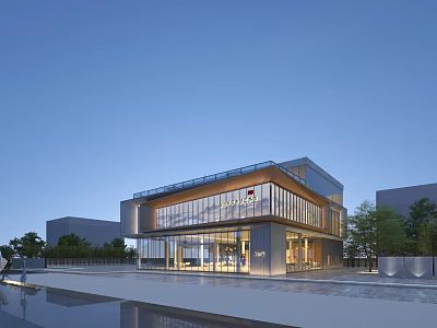 Modern Office Building With Glass Facade Main Entrance And Landscaped Surroundings 3d model