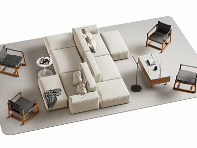 Modern Minimalist Beige Fabric Sofa Set With Wooden Accent Chairs And Side Tables 3d model
