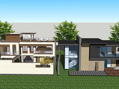Modern Rural Self Built House Exterior With Green Trees Glass Windows And Balcony 3d model