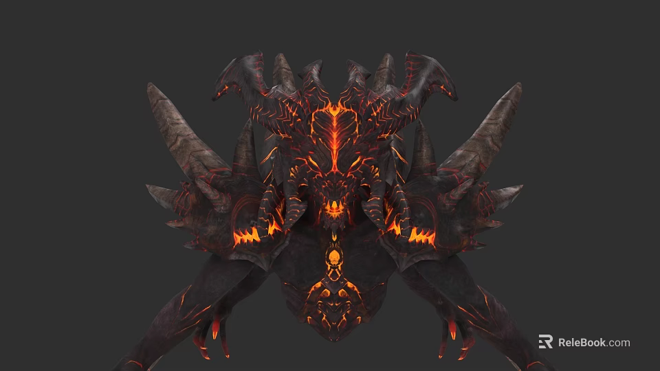 Detailed Mythical Reptile Creature With Flaming Lava Horns And Spiked Exoskeleton 3d model 