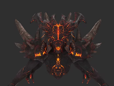 Detailed Mythical Reptile Creature With Flaming Lava Horns And Spiked Exoskeleton 3d model