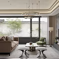 Modern Living Dining Area With Circular Pendant Lights Large Windows Beige Sofa And Green Armchair