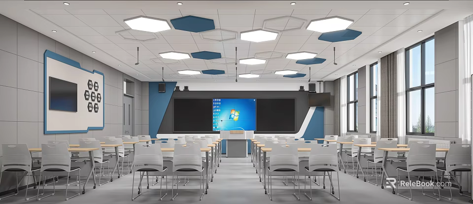 Modern School Classroom Interior With White Desks Chairs Large Screen And Hexagonal Ceiling Lights 3d model 