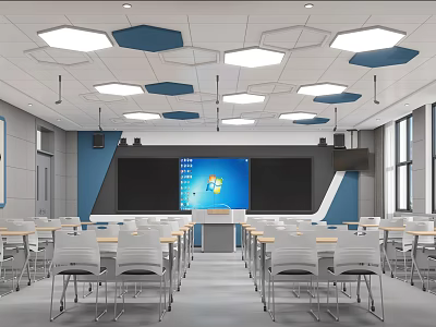 Modern School Classroom Interior With White Desks Chairs Large Screen And Hexagonal Ceiling Lights 3d model