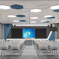 Modern School Classroom Interior With White Desks Chairs Large Screen And Hexagonal Ceiling Lights
