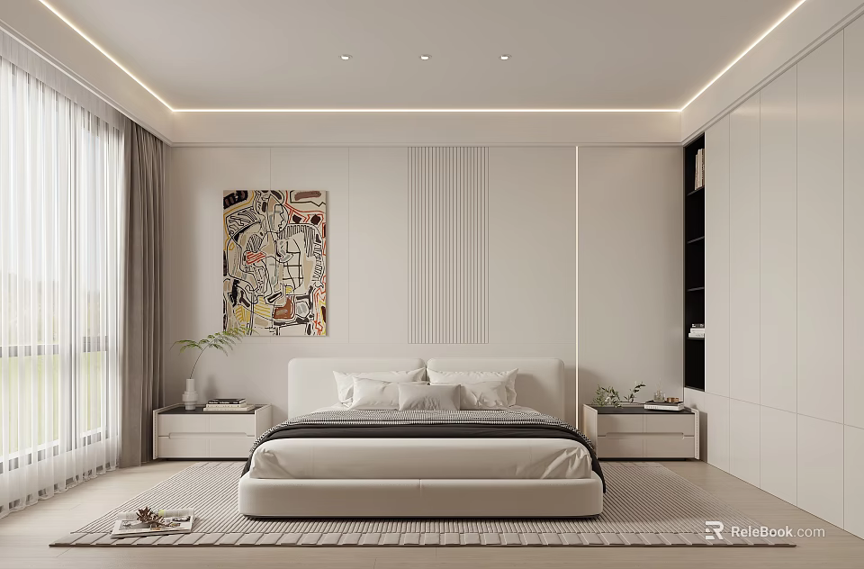 Modern Minimalist Bedroom Interior With White Bed Nightstands Abstract Wall Art And Light Curtains 3d model 