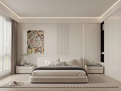 Modern Minimalist Bedroom Interior With White Bed Nightstands Abstract Wall Art And Light Curtains 3d model