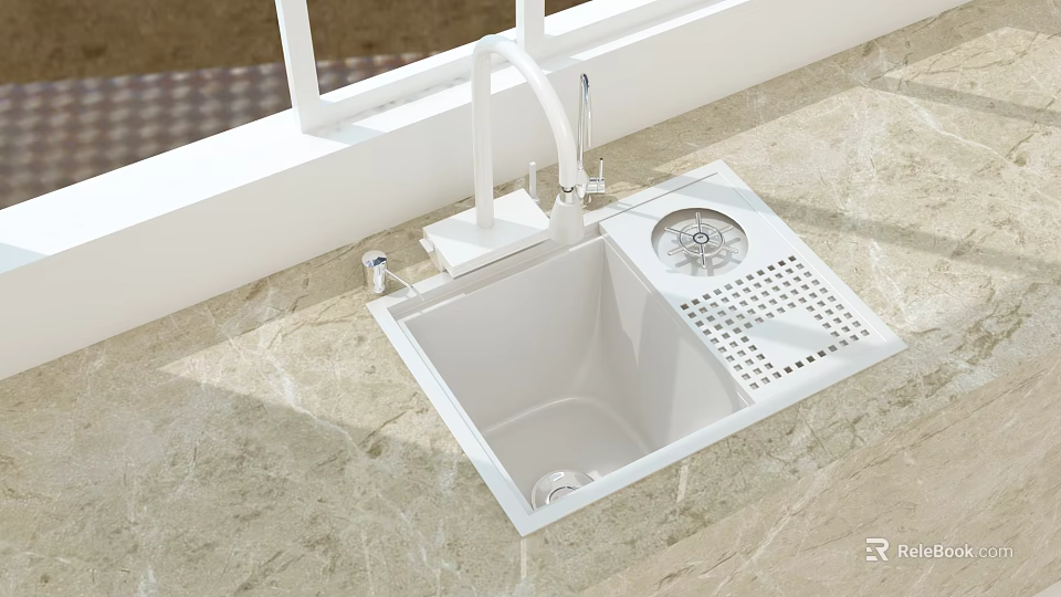 White Kitchen Sink with Faucet and Drainer on Marble Kitchen Countertop 3d model 